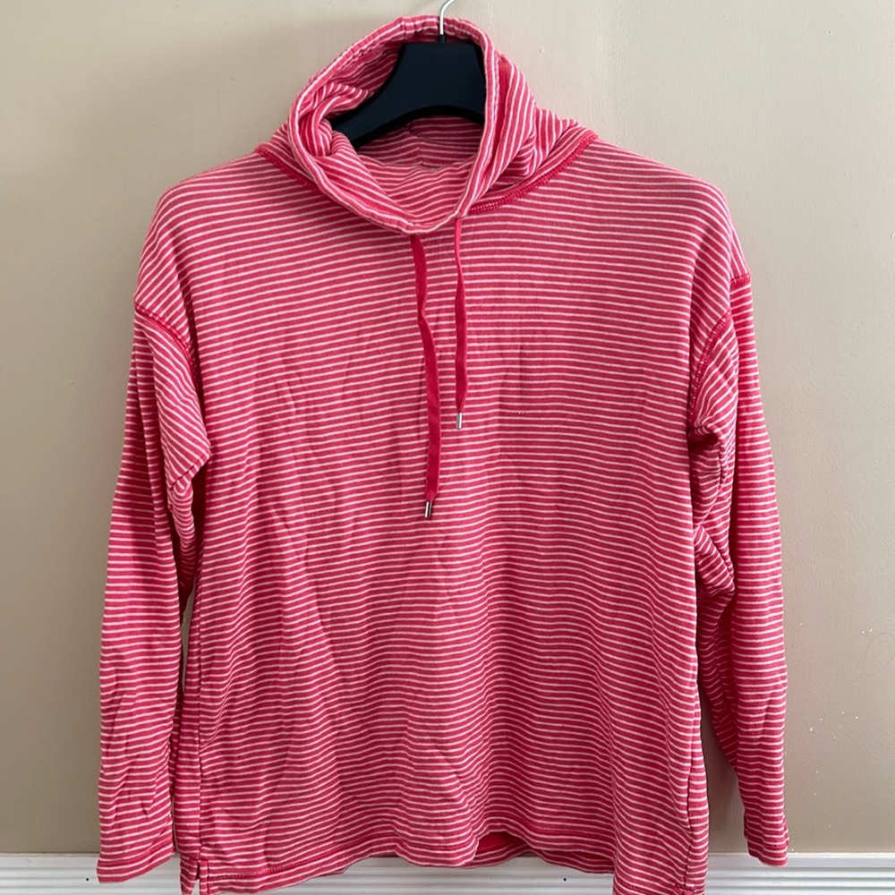 Striped Cowl Neck Pullover with adjustable tie strings
